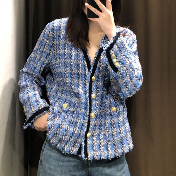 

women's jackets chic button v-neck outwear woman chaqueta mujer vintage blue plaid tweed jacket coat female autumn winter, Black;brown