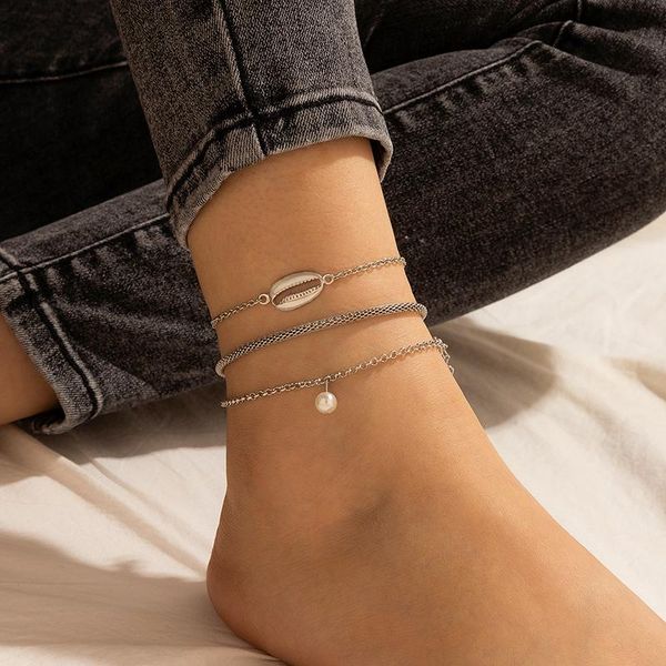 

anklets 3pcs/set bohemian shell pearl pandent for women silver color geometry heavy metal foot chains jewelry 15798, Red;blue