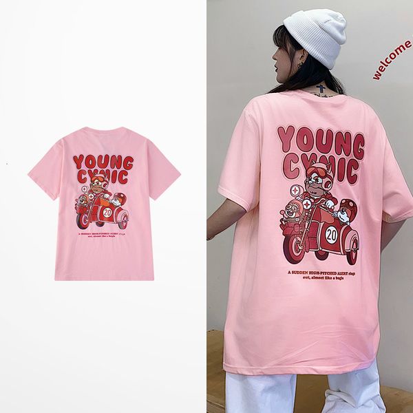 

2021 new ulzzang style funny cartoon print shirt 100% cotton retro rock street t shirts men and women hip hop highstreet tee txuh, White