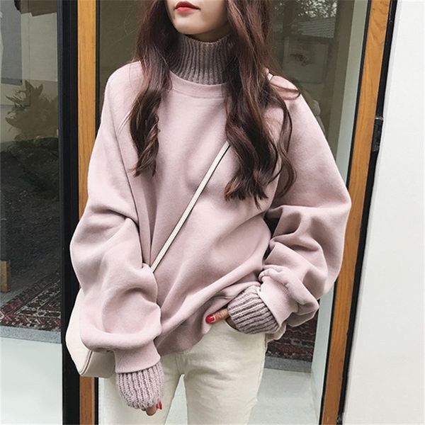 

ins super coat women's plush thickened sweater 2020 new autumn and winter dress long sleeve high collar fake two sweaters, Black