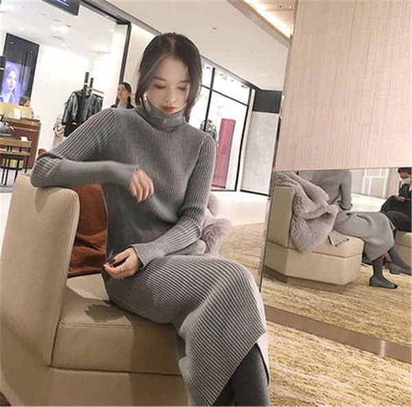 

casual dresses 2021 autumn winter women's long-sleeved knit dress fashion womens clothing high-necked long slim sweater pullover n889, Black;gray