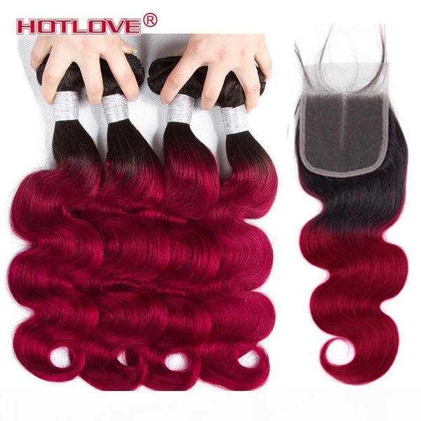 

ove hair brazilian hair body wave 4 bundles with closure ombre human hair bundles with lace closure 1b burgundy two tone ombre color, Black;brown