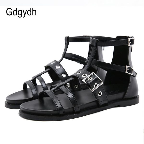 

sandals gdgydh gladiator beach shoes flats women with ankle strap ladies leather pu fashion buckle chaussures femelle, Black