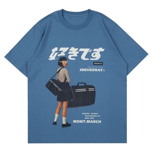 Menina Japonesa Kanji Imprimir Harajuku Camiseta Mens Hip Hop Streetwear Camisas Verão Algodão Solto Manga Curta Ops Unisex 210716