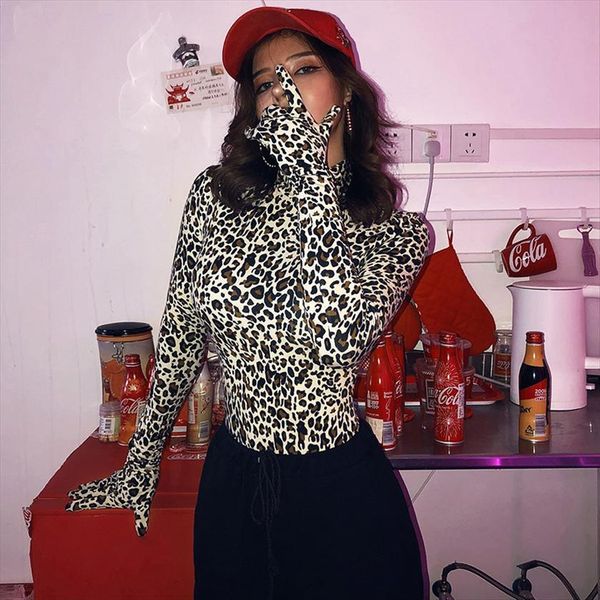 

spring autumn leopard print womens romper bodysuit bodycon skinny elastic turtleneck long sleeve gloves jumpsuit one piece, Black;white