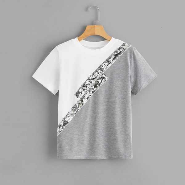 

sequins t-shirt women patchwork o-neck short sleeve loose tshirts feminine t-shirt poleras mujer de moda poleras mujer, White