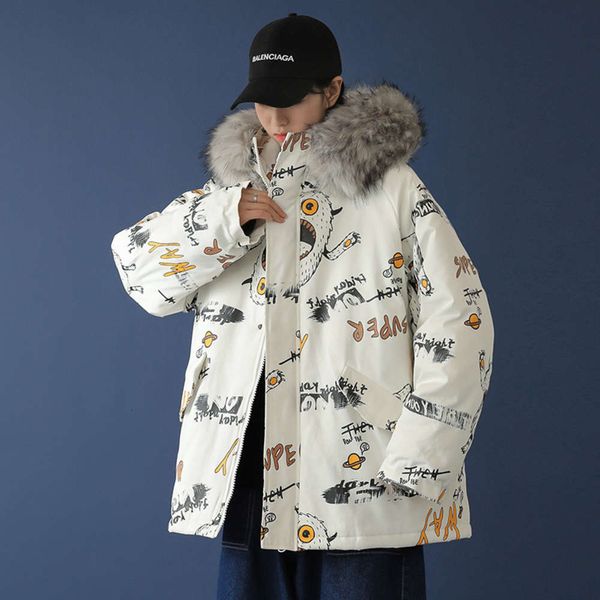 

winter couple's coat with mountain carving big hair collar cotton padded jacket for men, Black