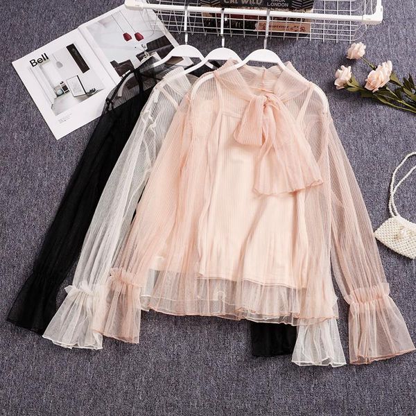 

hisuma women summer flare sleeve striped mesh gauze basic ruffles bow shirt lady elastic slim bandage strap pullover blouse, White