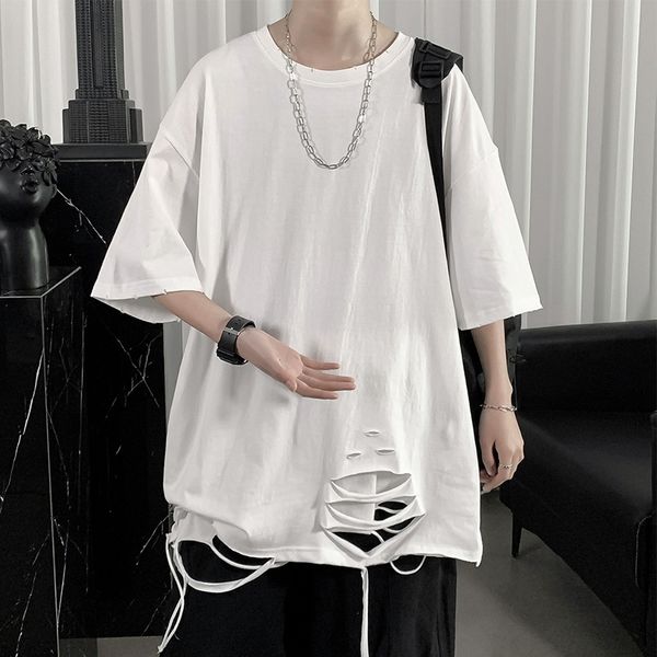 

pierced t-shirt men's hip hop fashion brand trend versatile loose 2021 summer new inner short sleeve top, White;black
