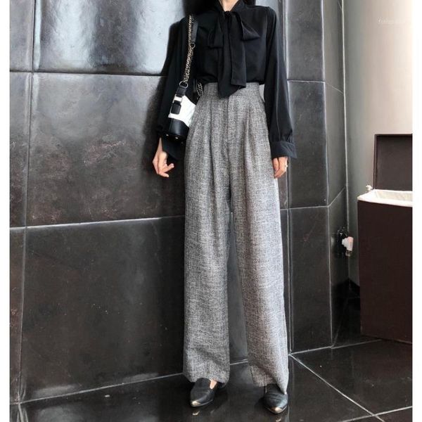 

women's tracksuits women 2021 spring autumn elegant casual chic 2 pieces set female lace up blouse shirt and wide leg pants ol slim set, Gray