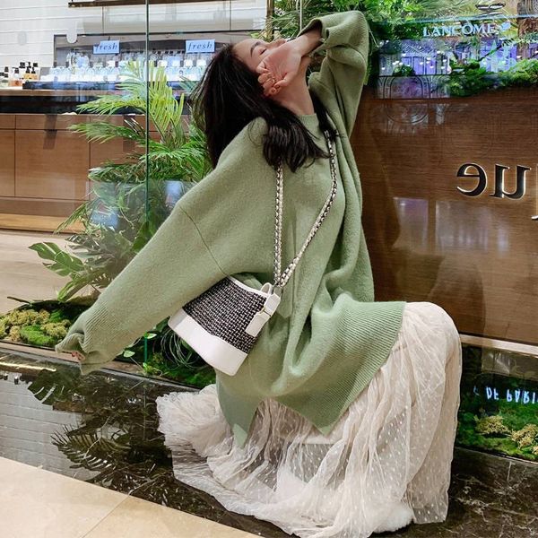 

2021 new women autumn casual suit oversize split knitted pullover sweater + mesh skirts suits long skirt two piece set k254zo0q, Black;gray
