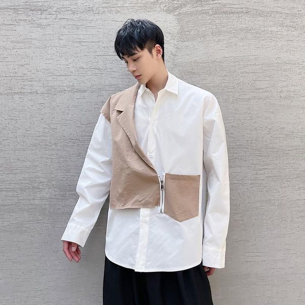 

men's casual shirts large size summer light luxury style personalized patchwork design fake two loose long sleeve shirt fashion korean, White;black