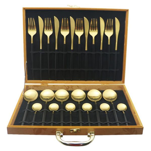 

flatware sets 24pcs black gold cutlery set stainless steel dinnerware knife fork spoon dinner kitchen tableware with box