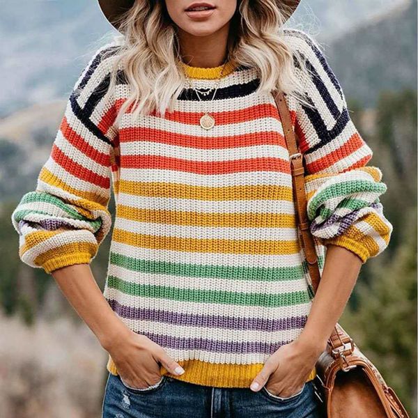 

autumn new women's long sleeve stripes knitted round neck fashion wool female knitting upperwaear pullover sweater 210218, White;black