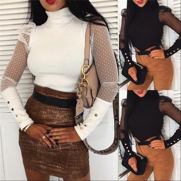 

women spring mesh puff long sleeve ribbed knitted shirt slim casual solid blouse elegant turtleneck party clubwear, White