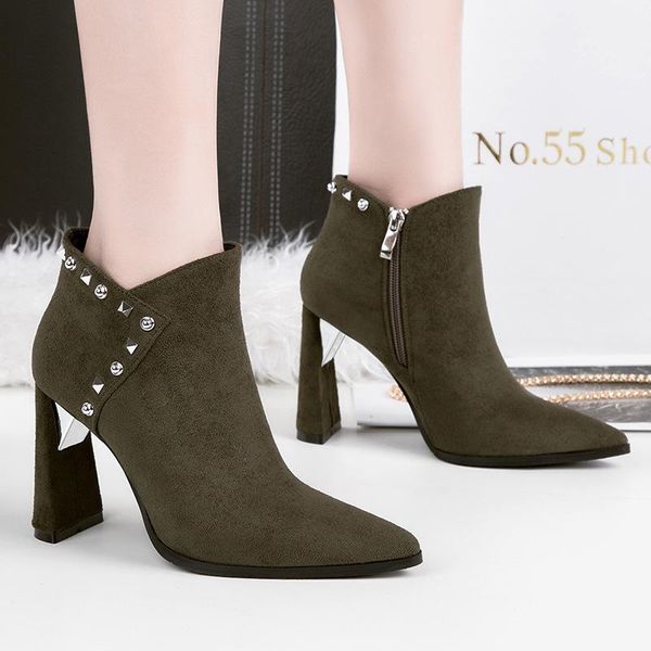 

boots ankle flock basic women pointed toe rivet solid super high square heel zip winter shoes plus size, Black