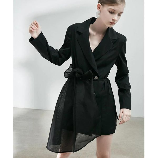 

casual dresses ael asymmetrical blazer dress for women long sleeve with fold detachable organza hem elegant female party suit 2021 winter, Black;gray