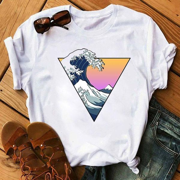 

women tshirt harajuku aesthetic clothes women short sleeve tee vintage japanese style wave printed tee female streetwear, White