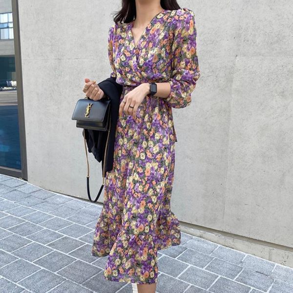 

2021 new fashion v-neck floral print women summer vintage sleeve female holiday beach chiffon long vestidos zzoi, Black;gray