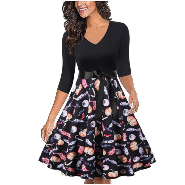 

women's swimwear rockabilly dress women long sleeve halloween costumes cosplay skeleton pumpkin print swing elegant party vestidos, White;black