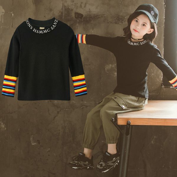 

2021 new spring undershirt o-neck fashion raiow sleeve striped shirt for girls t children clothes 8y uuiq, Blue
