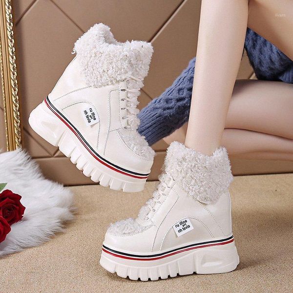 

boots winter warm woman plush platform ankle shoes high height increasing 10cm snow trainers fur chunky sneakers, Black