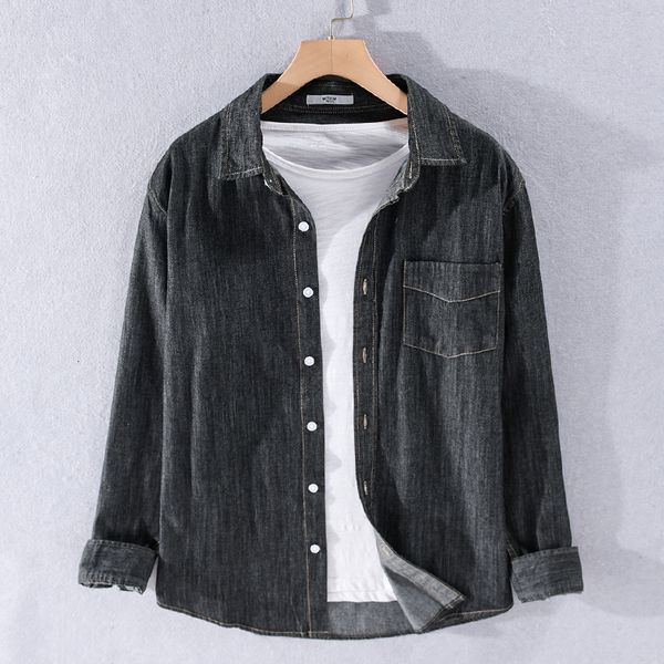 

2021 100% cotton denim black male autumn and spring solid shirts for men mark comforable fashion men's overhemd shirt zjr8