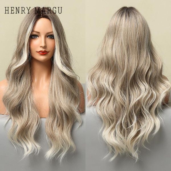 Synthetische Perücken HENRY MARGU Lange gewellte blonde weiße graue Ombre natürliche Cosplay für Frauen Mittelteil Perücke hitzebeständig