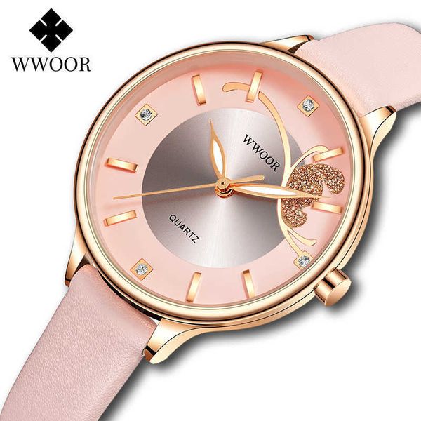 WWOOR Orologi da donna Top Brand Luxury Ladies Dress Orologio sportivo Orologio da polso rosa in pelle femminile Montre Femme 210527