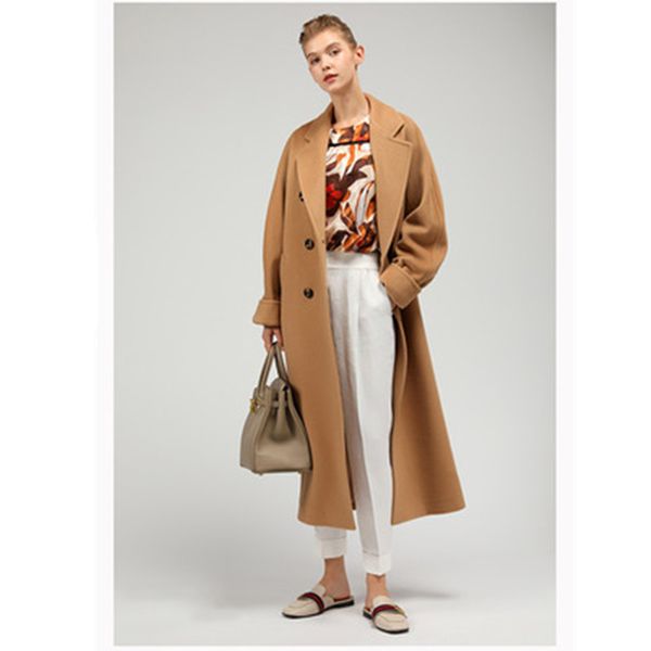 

women wool blends fashion trend lapel neck long sleeve winter warm length outerwear designer female double breasted casual woolen coats, Black