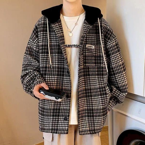 

men's hoodies & sweatshirts fonekie plaid hooded jacket men autumn winter loose casual all-match cardigan handsome oversized coat mens, Black