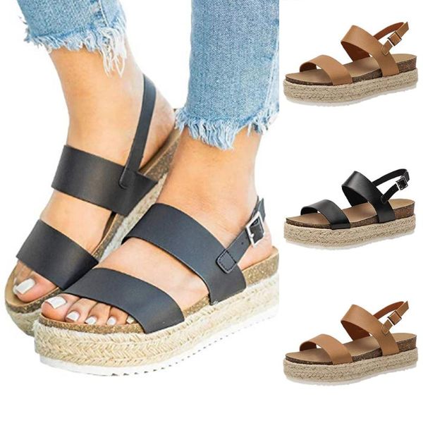 

sandals women's platform wedges casual shoes ankle buckle strap open toe summer soft beach plus size m40#, Black