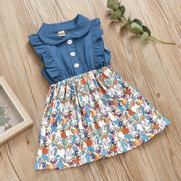 

2021 children's es for girls jeans cartoon rabbit printing stitching sleeveless lapel easter toddler 1t 2t 3t 4t 5t 8qgb, Red;yellow