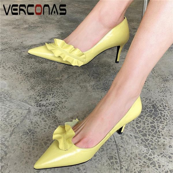 

dress shoes verconas fashion elegant pointed toe high heels women sandals ruffles genuine leather casual spring summer basic woman, Black