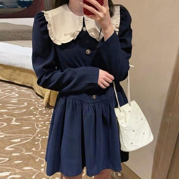 

casual dresses chic spring and autumn sweet black long sleeved dress women's doll collar closing waist slim age reducing retro, Black;gray