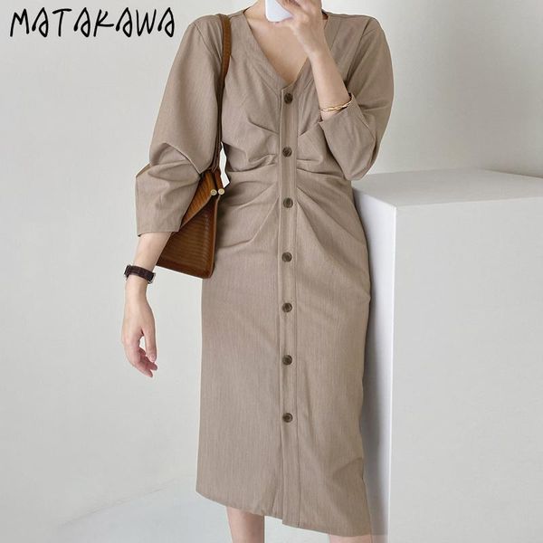 

casual dresses matakawa single-breasted pleated women dress korean chic simple temperament v-neck vestidos waist slim midi, Black;gray