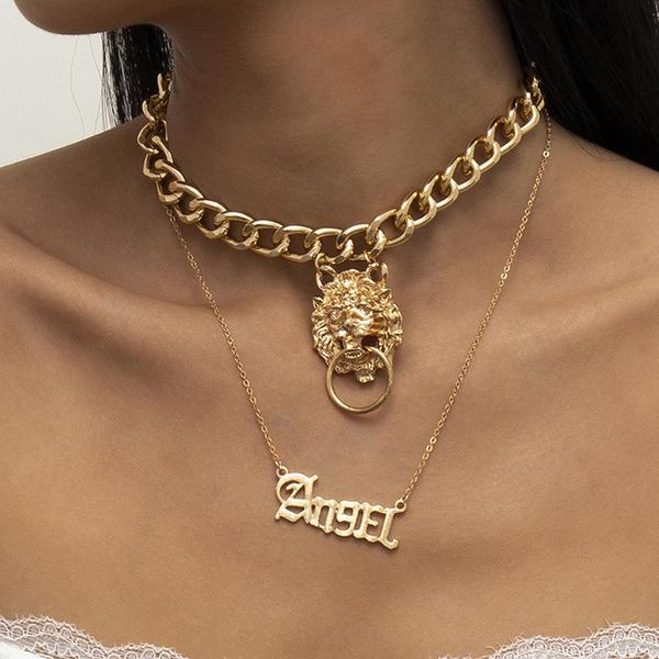 

chains punk style statement metal gold color chain multi layer necklaces lion pattern angel letter pendant necklace for women party, Silver