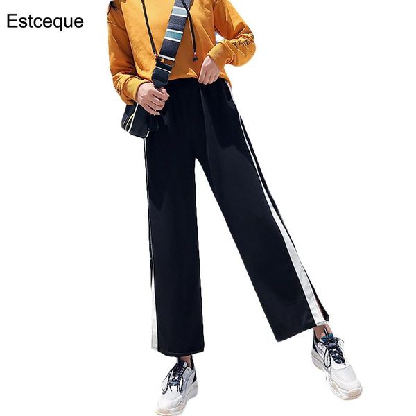 

women's pants & capris summer high waist thin wide leg zipper split flared women sports casual patchwork loose, Black;white