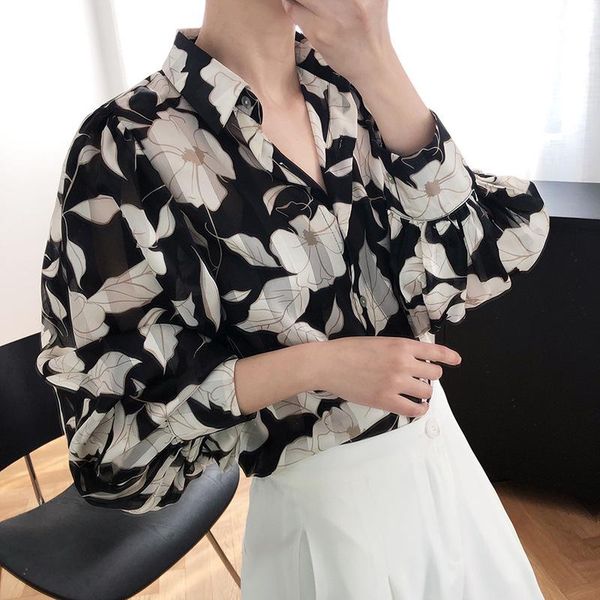 

women's polos vintage shirts for women beautiful elegant blouse black print with a fluffy sleeve summer loose transparent top, White