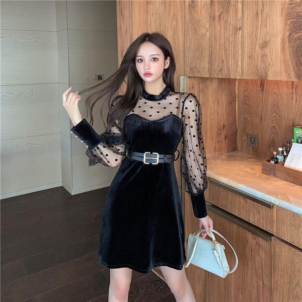 

coigarsam patchwork women one-piece dress korean new lantern sleeve stand neck mesh dresses black 9126, Black;gray