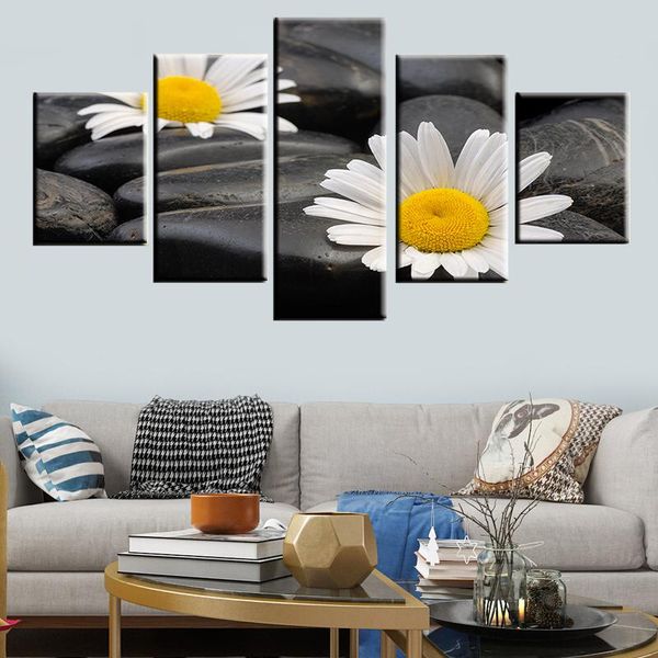 

modular canvas wall art painting 5 panel small daisy flower stone poster painting hd printing living room home decoration