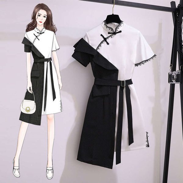 

big size women's 2020 summer new fat sister's temperament shows thin cover belly light ripe wind cheongsam improved dress, Black;gray