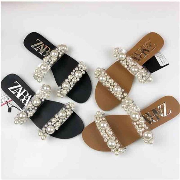 

slippers new arrival summer women pearl flat slippers transparent outside brown slides casuals beach size 40-42 ix2o, Black
