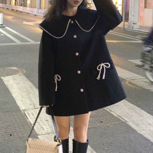 

2021 black wool winter warm designer trend coat female bow patchwork high street outwear coats and jackets women new zsxz