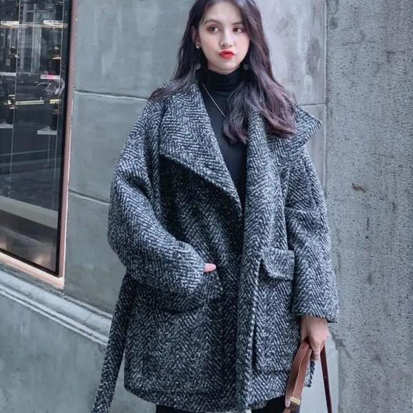 

women's wool & blends women loose twill woolen coats arrival long oversize waistband jacket, Black