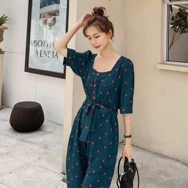 

female summer short dot imprint chiffon lasso-up square neck waist high leg wide coveralls y637 cz6p, White;black