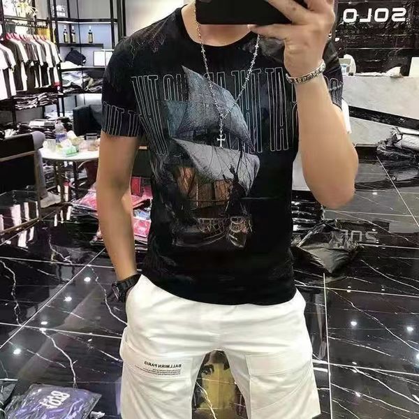

2022 summer new men's t-shirts sailboat printing slim all-match fashion mercerized cotton comfortable ventilation fit high-quality m-4x, White;black