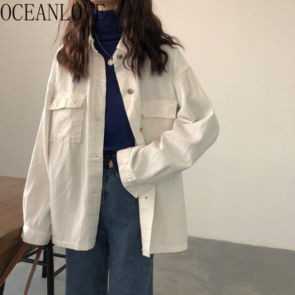 

women's jackets oceanlove thin white women solid vintage casual mujer chaqueta 2021 autumn fashion bf loose denim jacket all match 1737, Black;brown