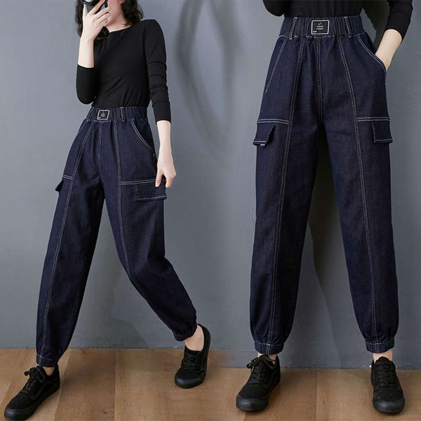 

2021spring and autumn new denim overalls wear large size korean fashion ins casual loose show thin high waist women's pants, Blue