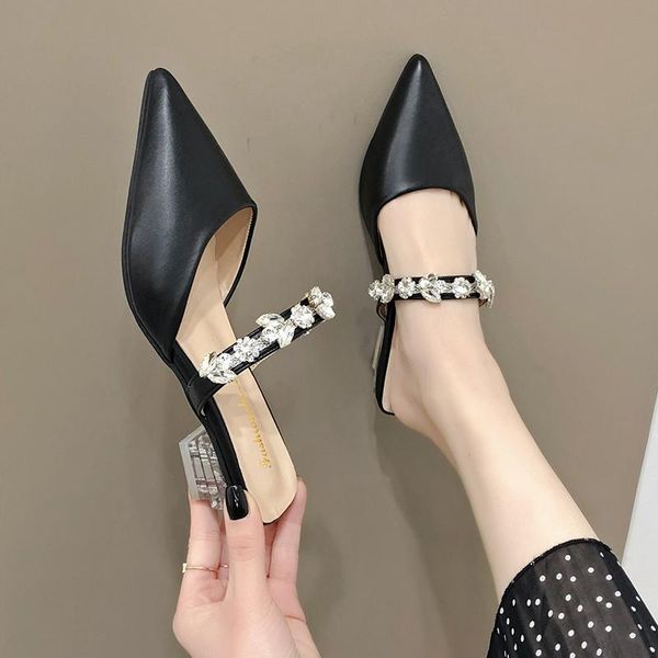 

slippers 2021 summer women shoes woman mules diamond crystal casual thick high heels pointed toe ladies, Black